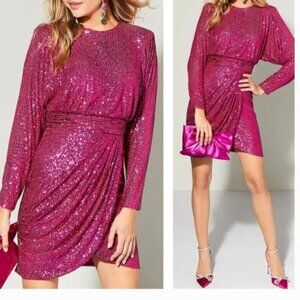 ELIZA J Sequin Jewel Neck Long Sleeve Drape Dress Hot Pink Party Club 2